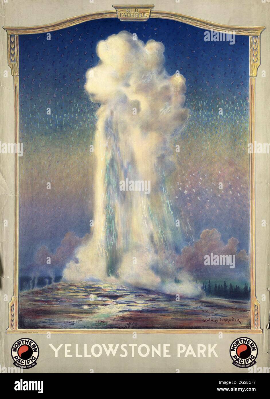 Ein Vintage-Reiseplakat für den Yellowstone Park, USA mit einem Bild des alttreuen Geysir Stockfoto