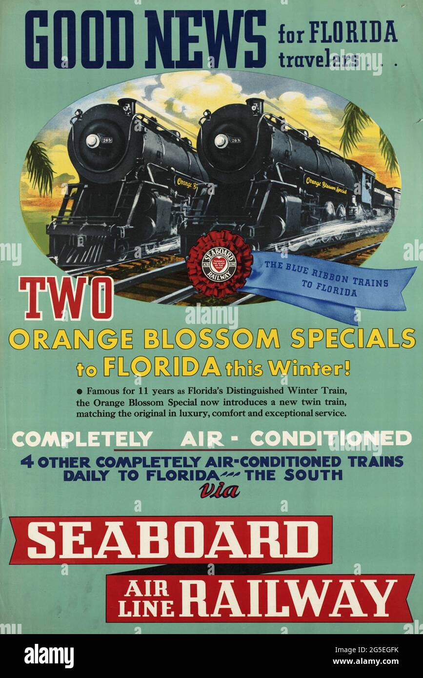 Ein Vintage-Reiseplakat für den Orange Blosson Special-Zugdienst nach Florida, USA Stockfoto