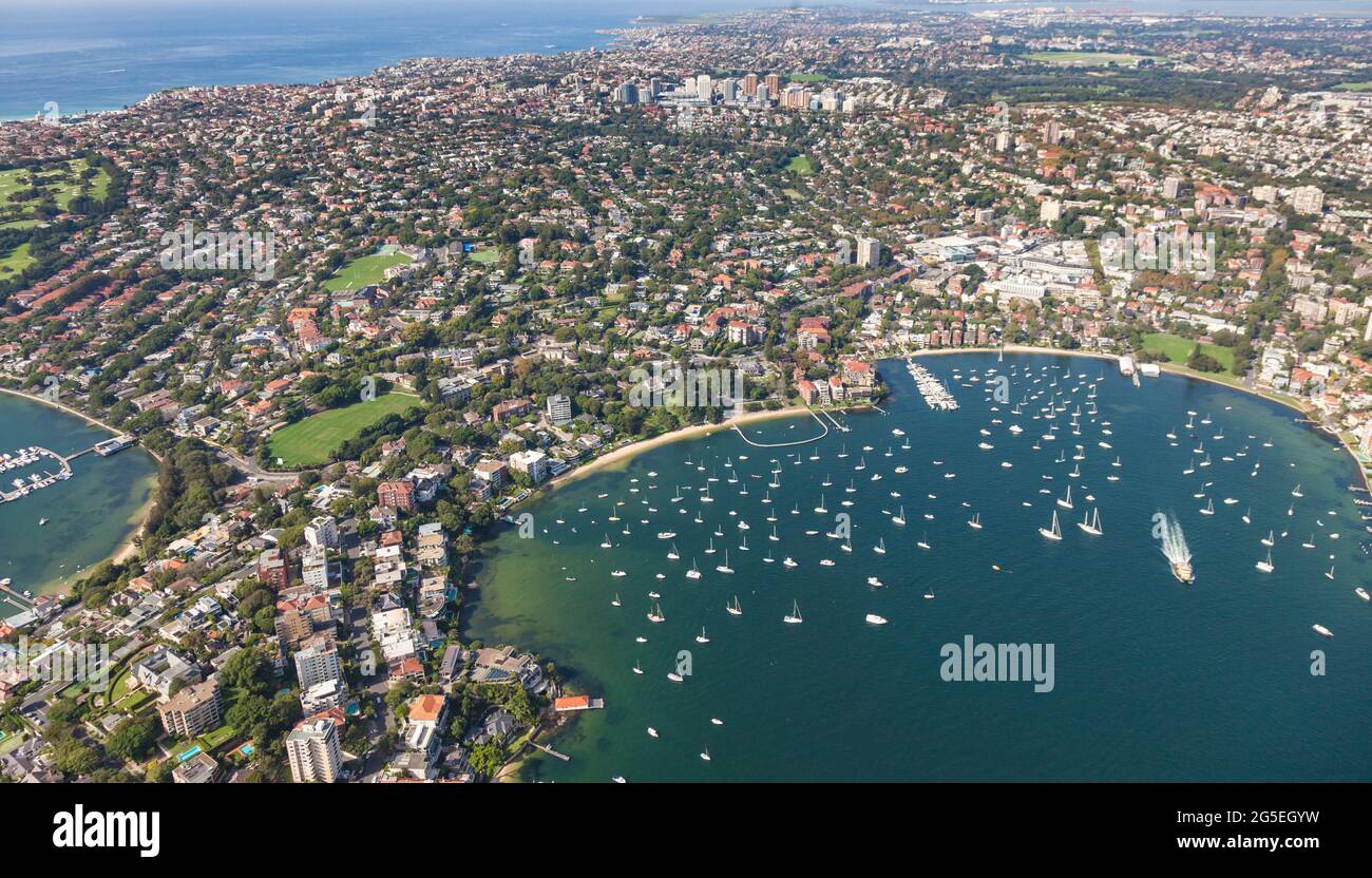Luftaufnahme von Double Bay bis Bondi Junction. Diese Gegend am Hafen von Sydney ist voll mit einigen der begehrtesten Immobilien Australiens. Sydne Stockfoto