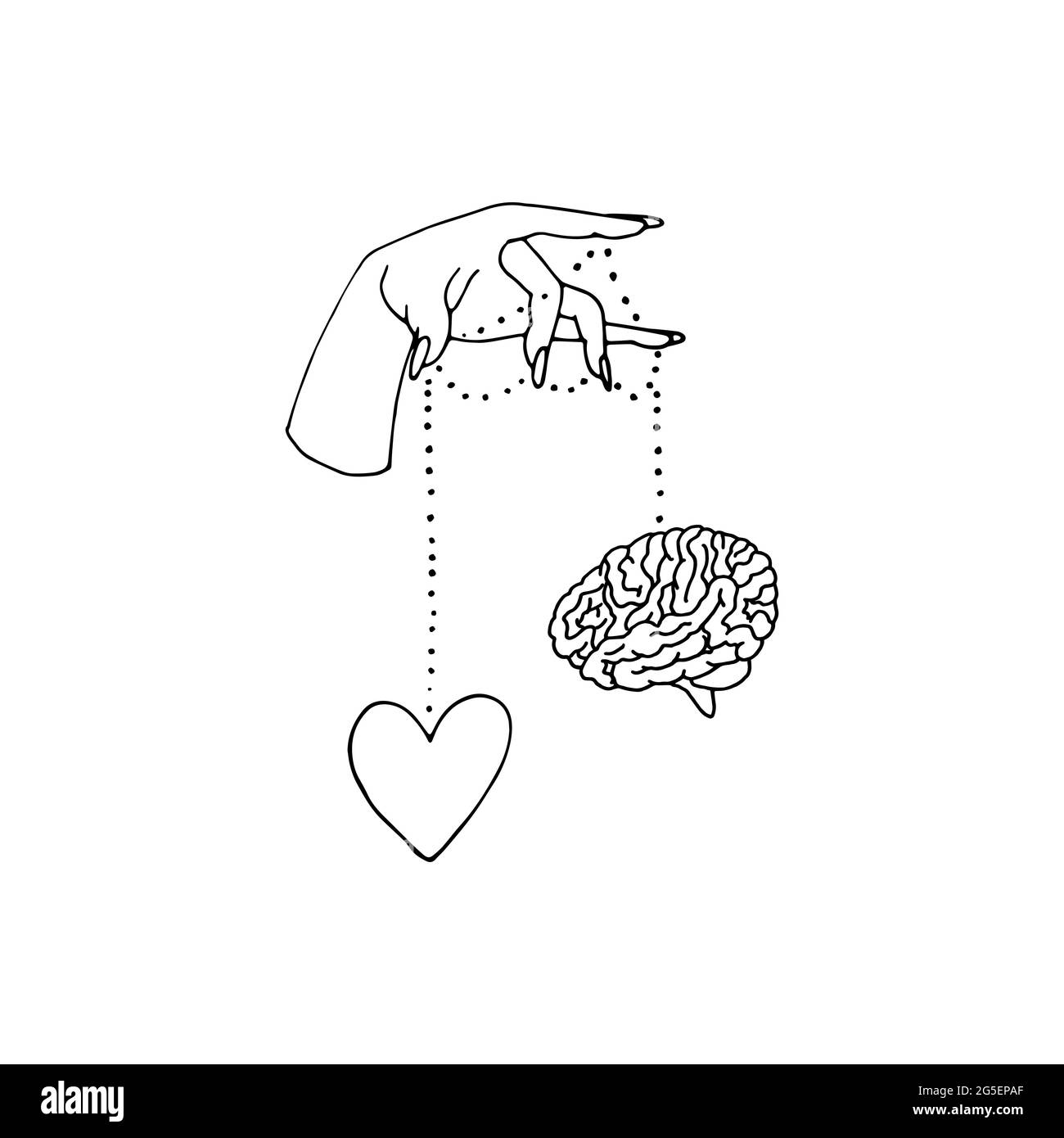 Linienkunst-Illustration von handgezeichneten weiblichen Händen, die Herz und Gehirn halten. Stock Vektor