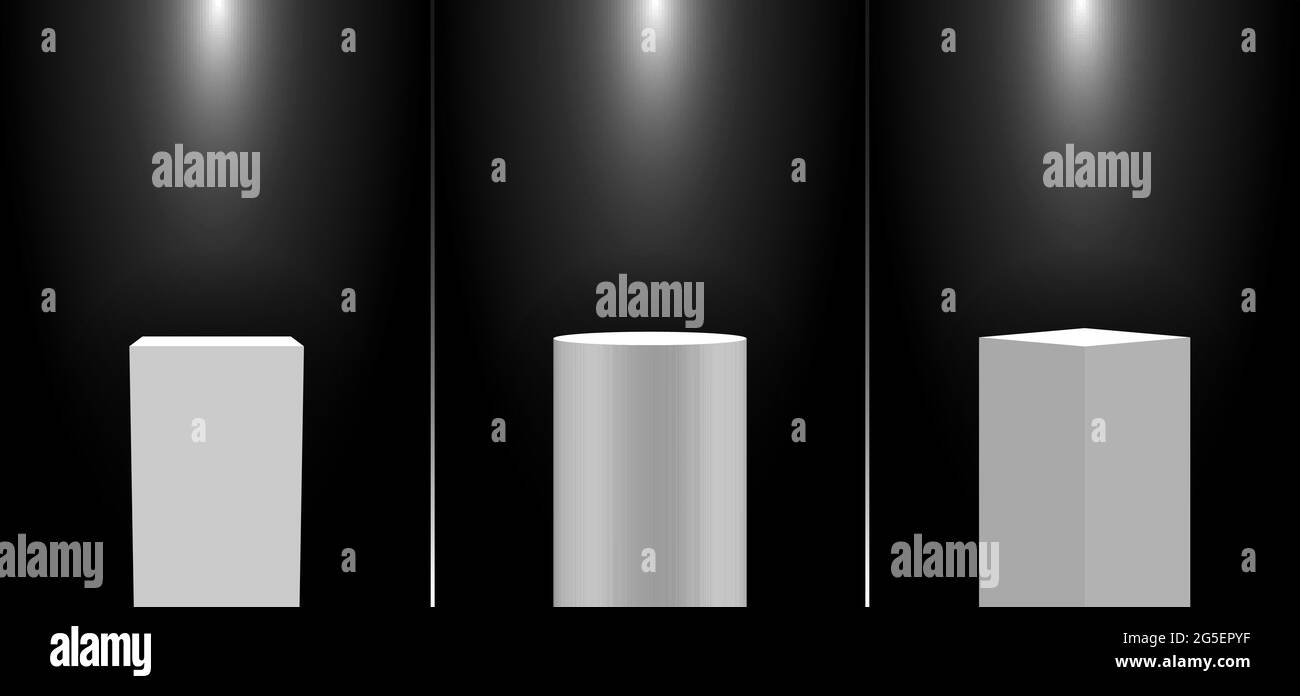 Set von 3D realistische weiße Podest Podium Ausstellung Display Galerie leer Produkt steht auf schwarzem Hintergrund mit Beleuchtung. Vektorgrafik Stock Vektor