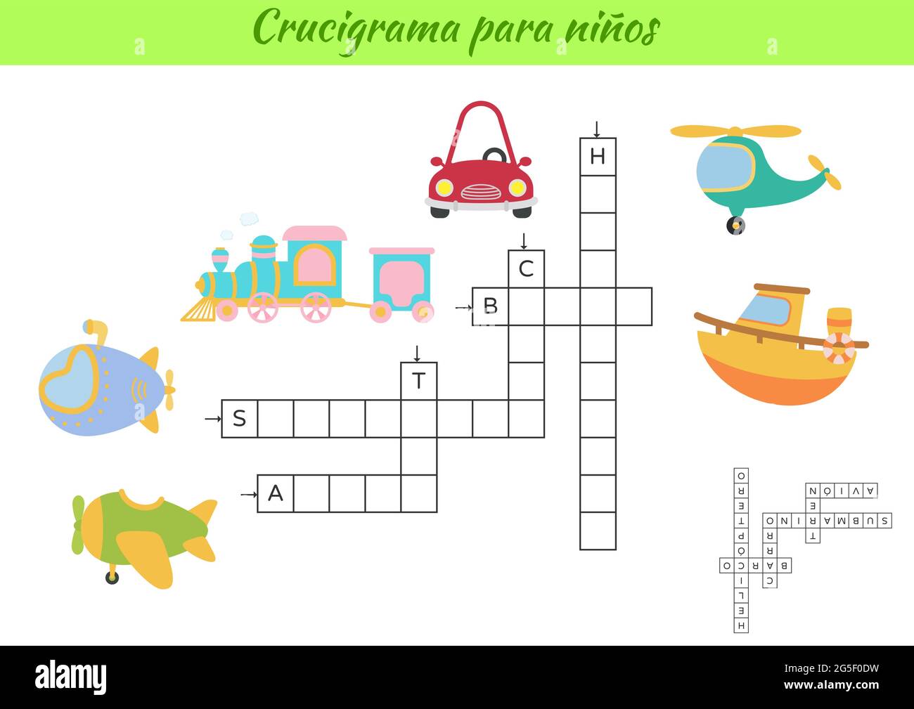Kreuzworträtsel für Kinder auf Spanisch mit Bildern von Transport. Lernspiel zum Lernen der spanischen Sprache und Wörter. Druckbares Arbeitsblatt für untergeordnete Vorgänge Stock Vektor