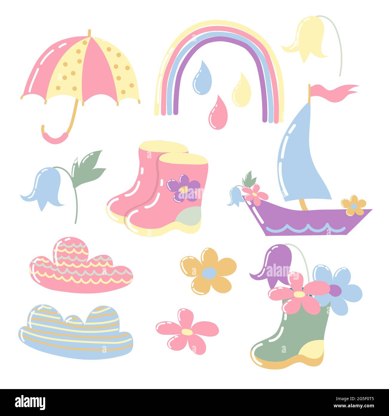 Set von Vektorgrafiken für das Design von Babyprodukten. Designelemente in flachem Stil. Helle Cartoon-Zeichnungen. Stiefel, Blumen, Regenbogen, Wolken Stock Vektor