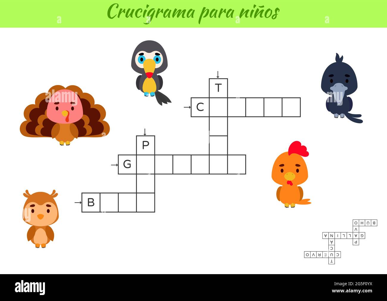 Kreuzworträtsel für Kinder auf Spanisch mit Bildern von Vögeln. Lernspiel zum Lernen der spanischen Sprache und Wörter. Druckbares Arbeitsblatt für untergeordnete Vorgänge. Zoll Stock Vektor