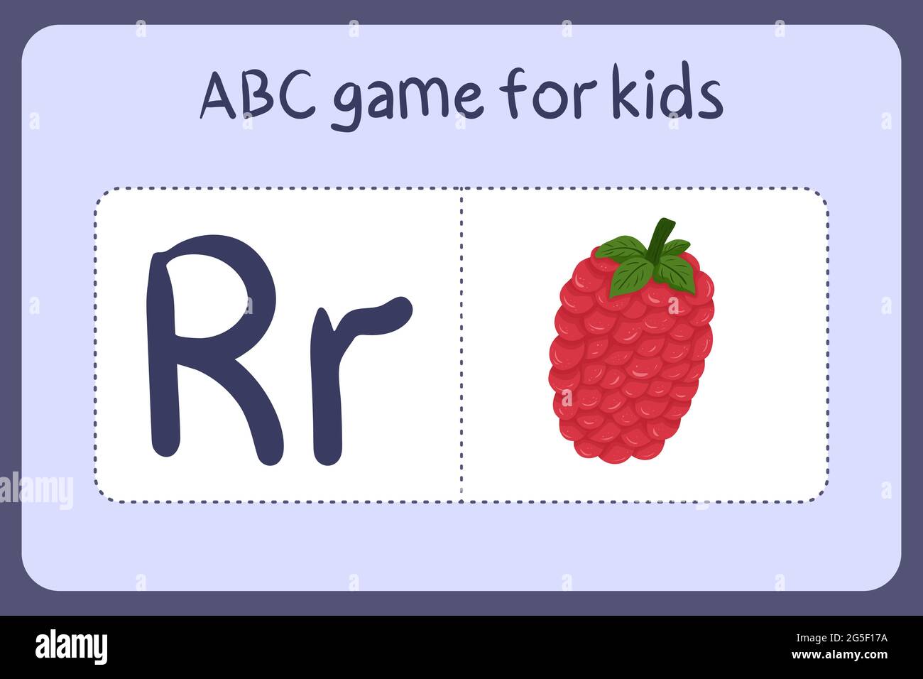 Kind Alphabet Mini-Spiele im Cartoon-Stil mit dem Buchstaben R - Himbeere. Vektor-Illustration für Spiel-Design - Schneiden und spielen. Lerne abc mit Flash-Karten für Obst und Gemüse. Stock Vektor