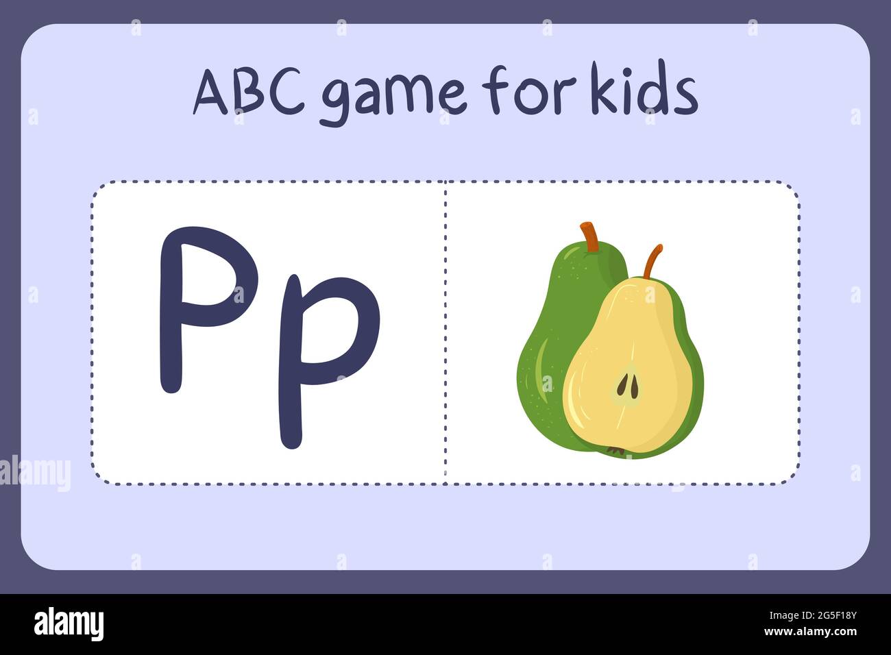 Kind Alphabet Mini-Spiele im Cartoon-Stil mit dem Buchstaben P - Birne. Vektor-Illustration für Spiel-Design - Schneiden und spielen. Lerne abc mit Flash-Karten für Obst und Gemüse. Stock Vektor