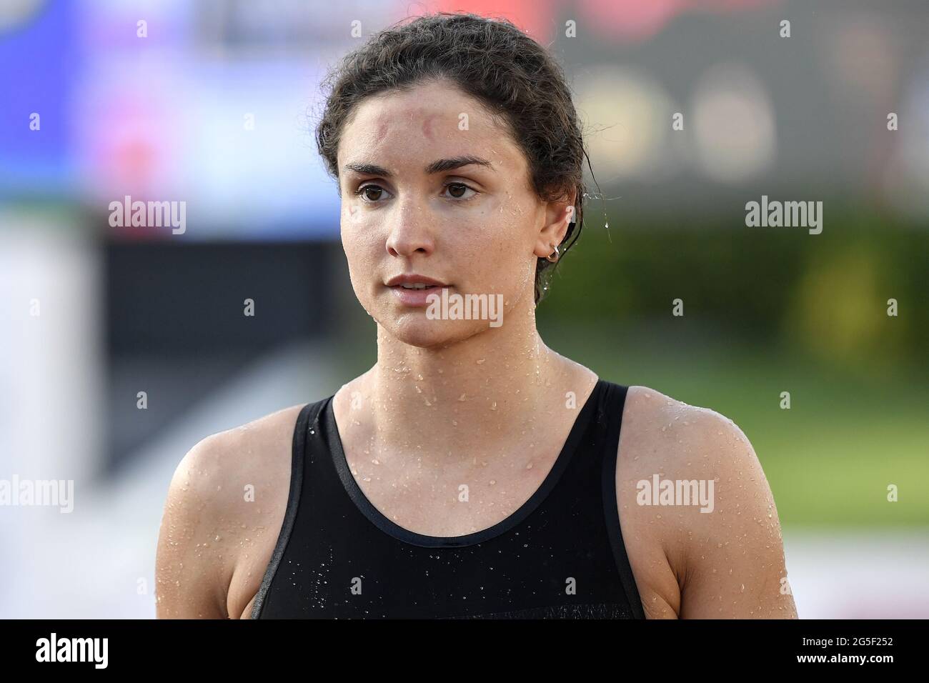 Silvia Scalia aus Italien reagiert nach einem 50-Meter-Rückenschlag der Frauen während der 58. Internationalen Schwimmmeisterschaften der Sette Colli Trophy im Foro Italico in Rom am 25. Juni 2021. Silvia Scalia platzierte sich im ersten Heat auf Platz fünf. Stockfoto