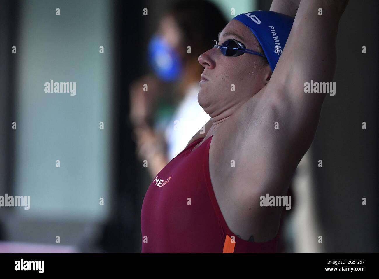 Ilaria Bianchi aus Italien bereitet sich darauf vor, bei den 50-Meter-Schmetterlingen der Frauen während der 58. Internationalen Schwimmmeisterschaften der Sette Colli Trophy im Foro Italico in Rom am 25. Juni 2021 anzutreten. Ilaria Bianchi belegte den fünften Platz in ihrer Hitze. Stockfoto