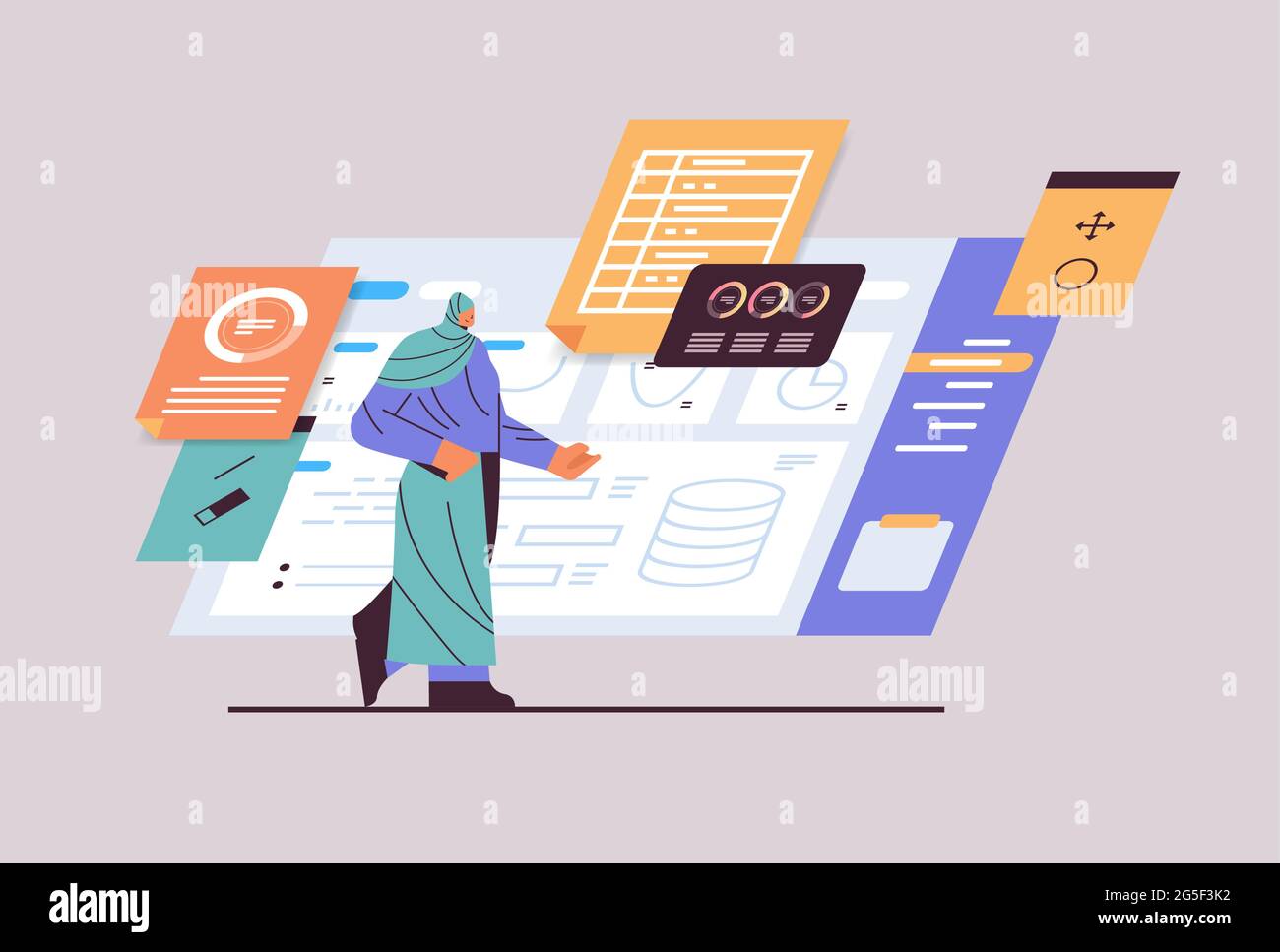 Geschäftsfrau Analyse von Diagrammen und Grafiken Datenanalyse Prozess digitales Marketing Planung der Unternehmensstrategie Stock Vektor