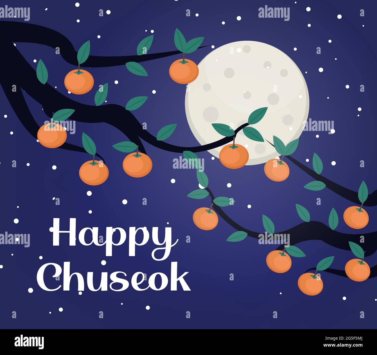 Happy Chuseok, Festivalkarte Mitte Herbst, Poster-Vorlage für Ihr Design. Persimmons Tree Branch, Koreanisches Erntedankfest und Erntefest. Vektor Stock Vektor