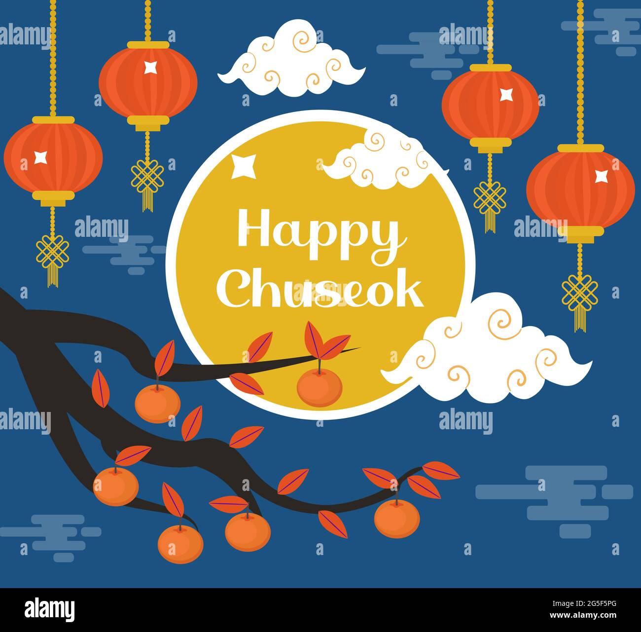 Happy Chuseok, Festivalkarte Mitte Herbst, Poster-Vorlage für Ihr Design. Persimmons Tree Branch, Koreanisches Erntedankfest und Erntefest. Vektor Stock Vektor