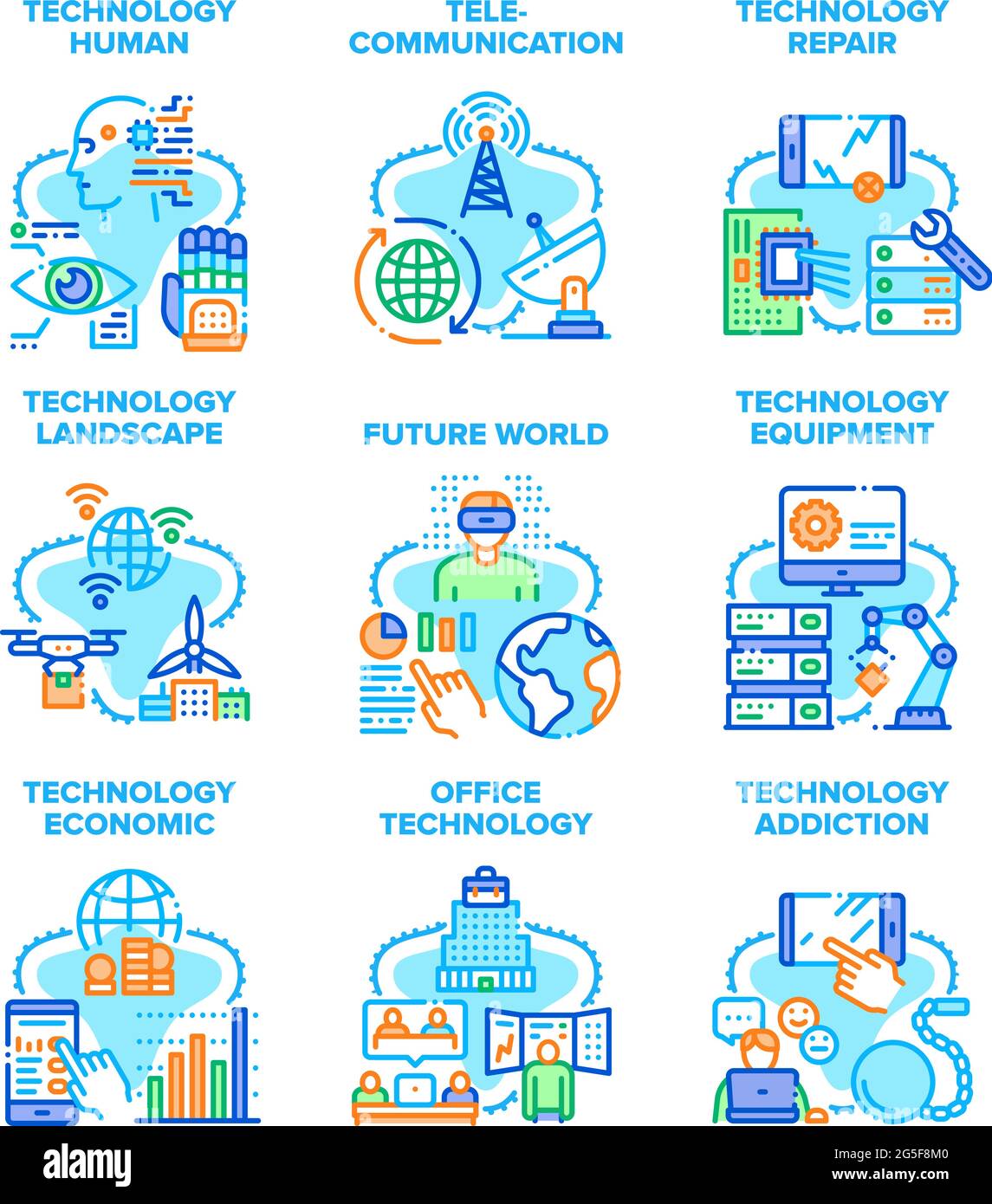 Technologie Mensch Set Icons Vektor Illustrationen Stock Vektor