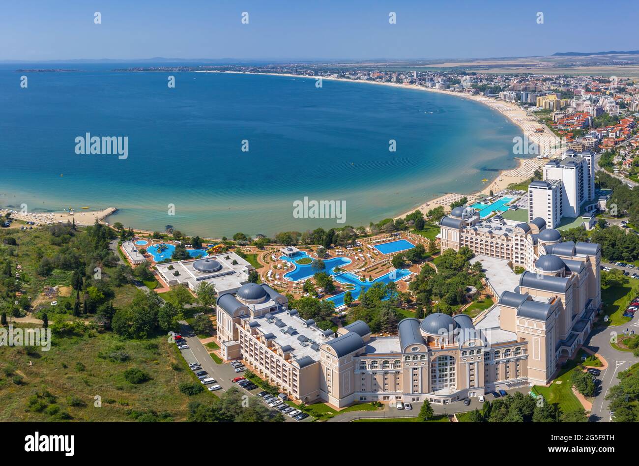 Luftaufnahme zum Seebad Sunny Beach am Bulgarische Blakseeküste Stockfoto