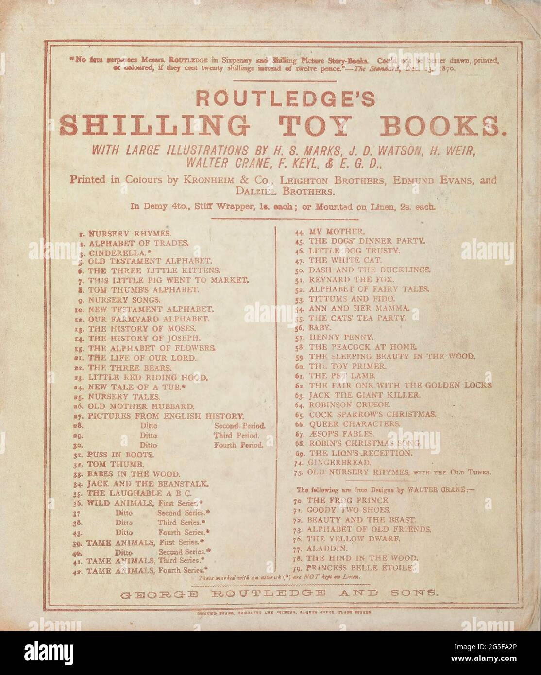 Werbung für Routledge's Shilling Toy Books mit großen Illustrationen auf der Rückseite von „Beauty and the Beast“ von Walter Crane, Edmund Evans, veröffentlicht in London & New York von George Routledge and Sons im Jahr 1874. Stockfoto