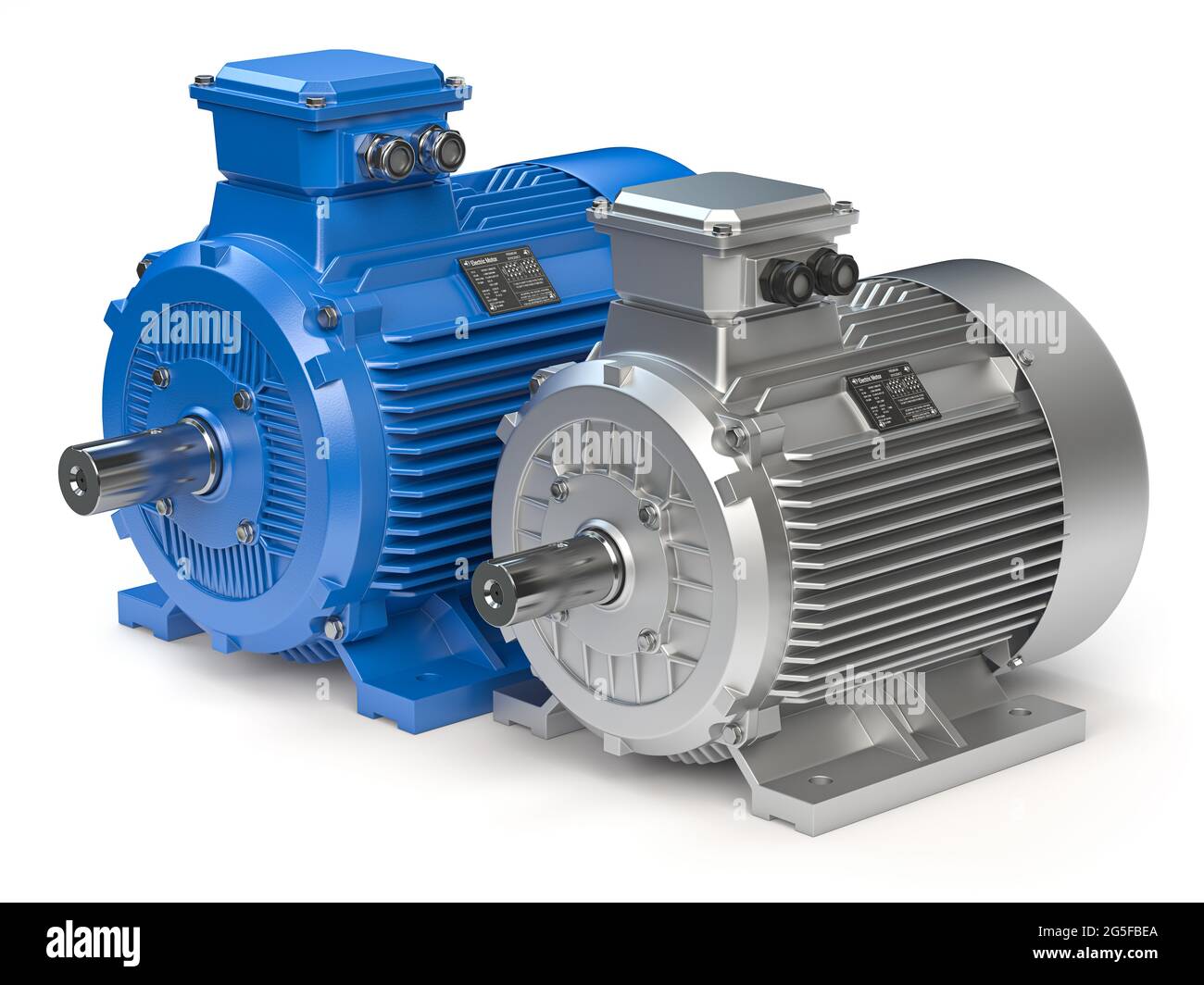 Industrielle Elektromotoren auf Weiß isoliert. 3d-Illustration Stockfoto