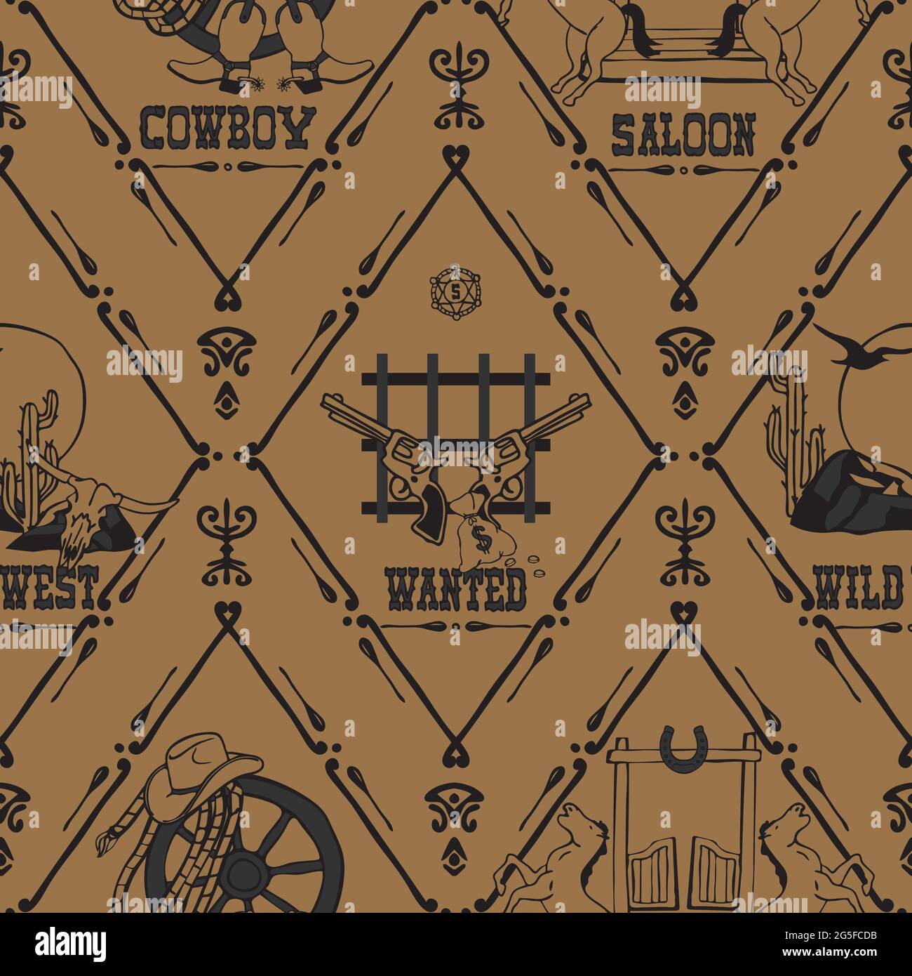 Nahtloses Vektor-Muster mit Vintage Texas Logo auf braunem Hintergrund. Dekoratives Tapetendesign im Wilden Westen. Cowboy Mode Textil. Stock Vektor