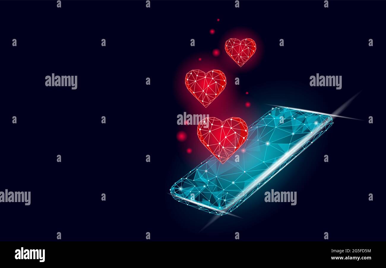 Internet Dating App Konzept. 3D Low Poly Smartphone romantische Beziehung Symbol Herz. Social media love date finden paar Service. Website romantisch Stock Vektor