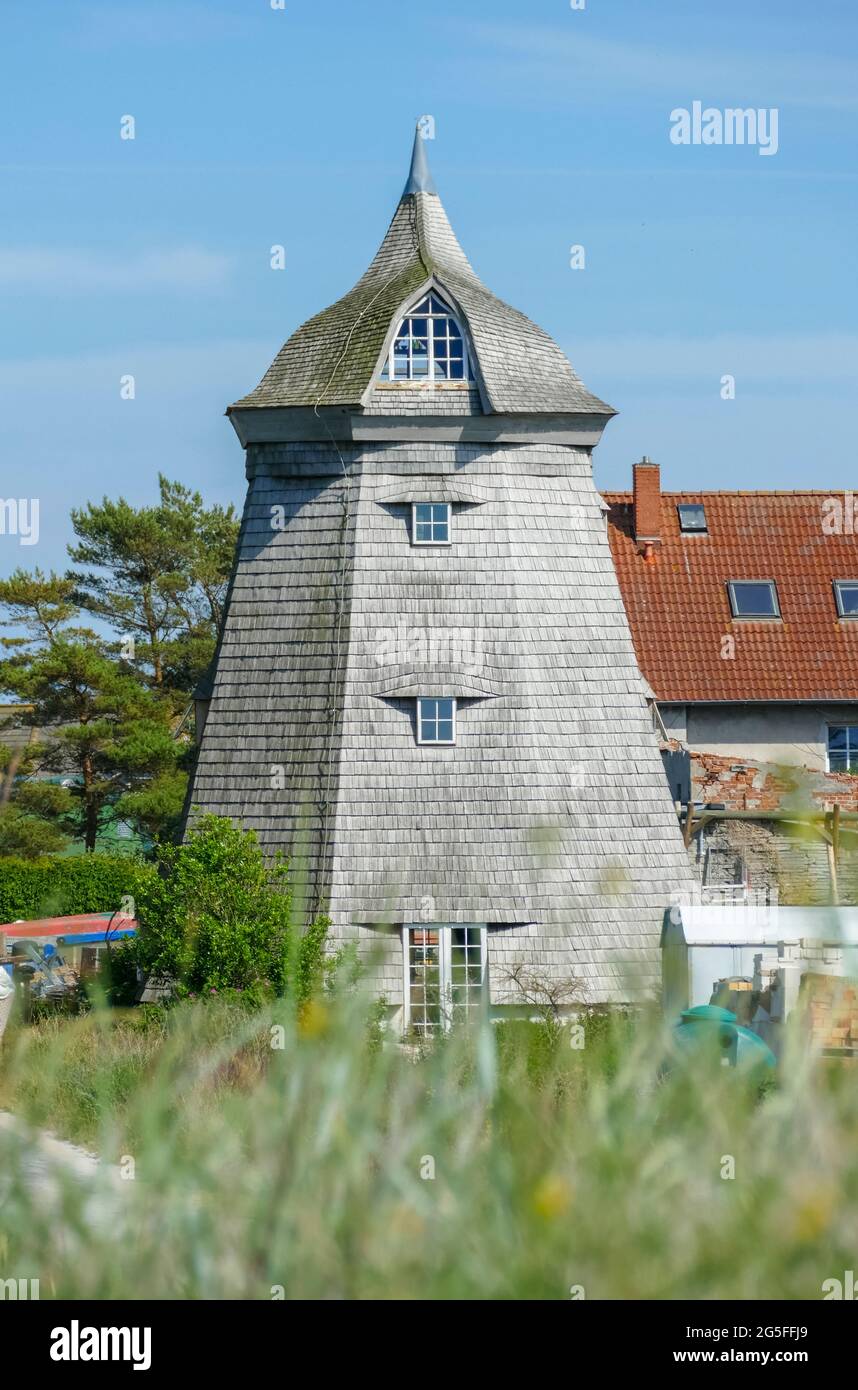 Historische Windmühle in einem Dorf namens Vitte auf der Insel Hiddensee in Deutschland Stockfoto