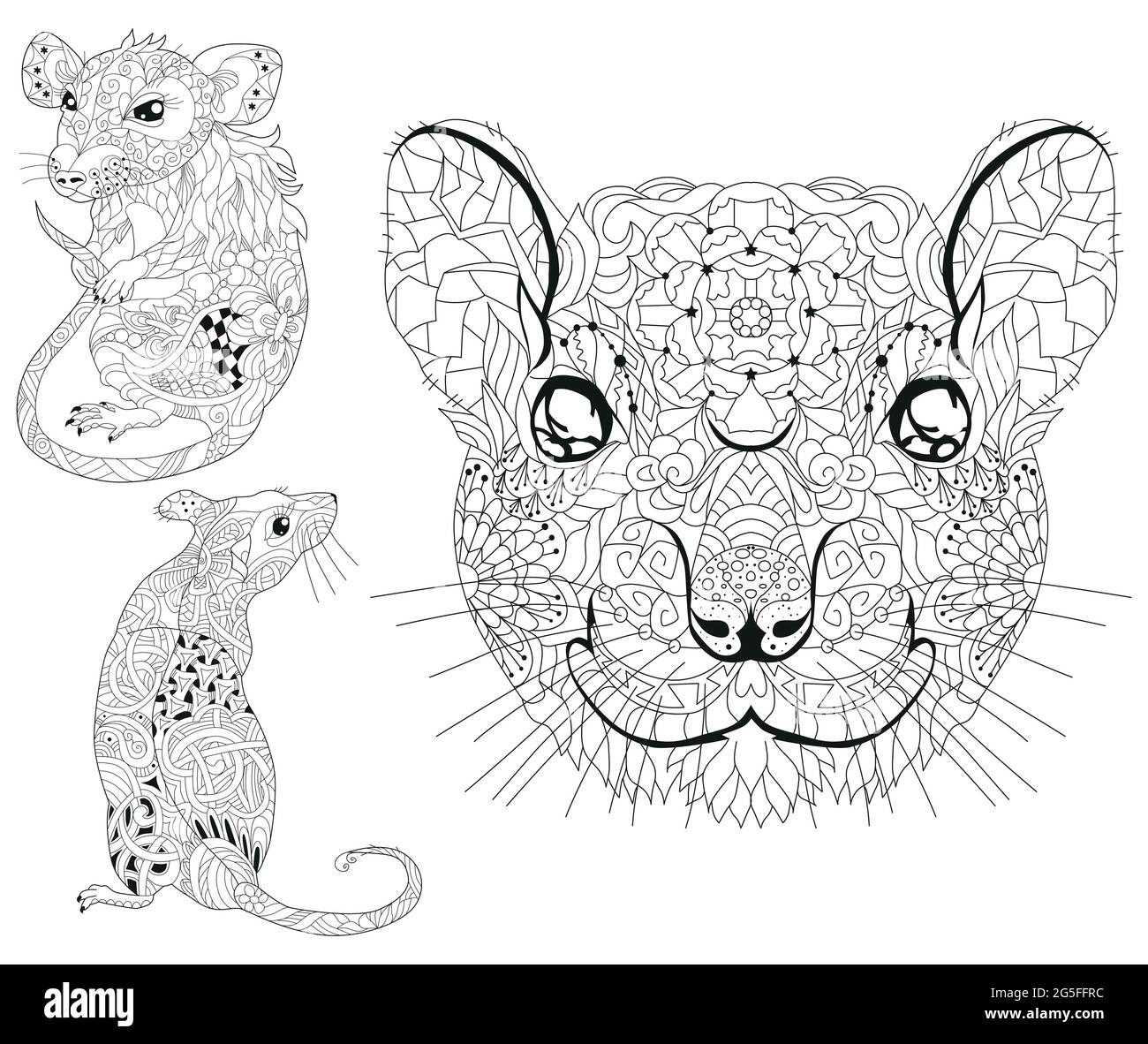 Handgezeichnetes zentangle Set Ratten für T-Shirt und andere Dekorationen. Stock Vektor