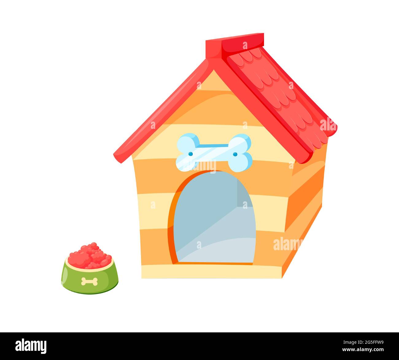 Hundezwinger mit Schale. holzhaus mit rotem Dach isoliert auf weißem Hintergrund. Vektor-Illustration in niedlichen Cartoon-Stil Stock Vektor