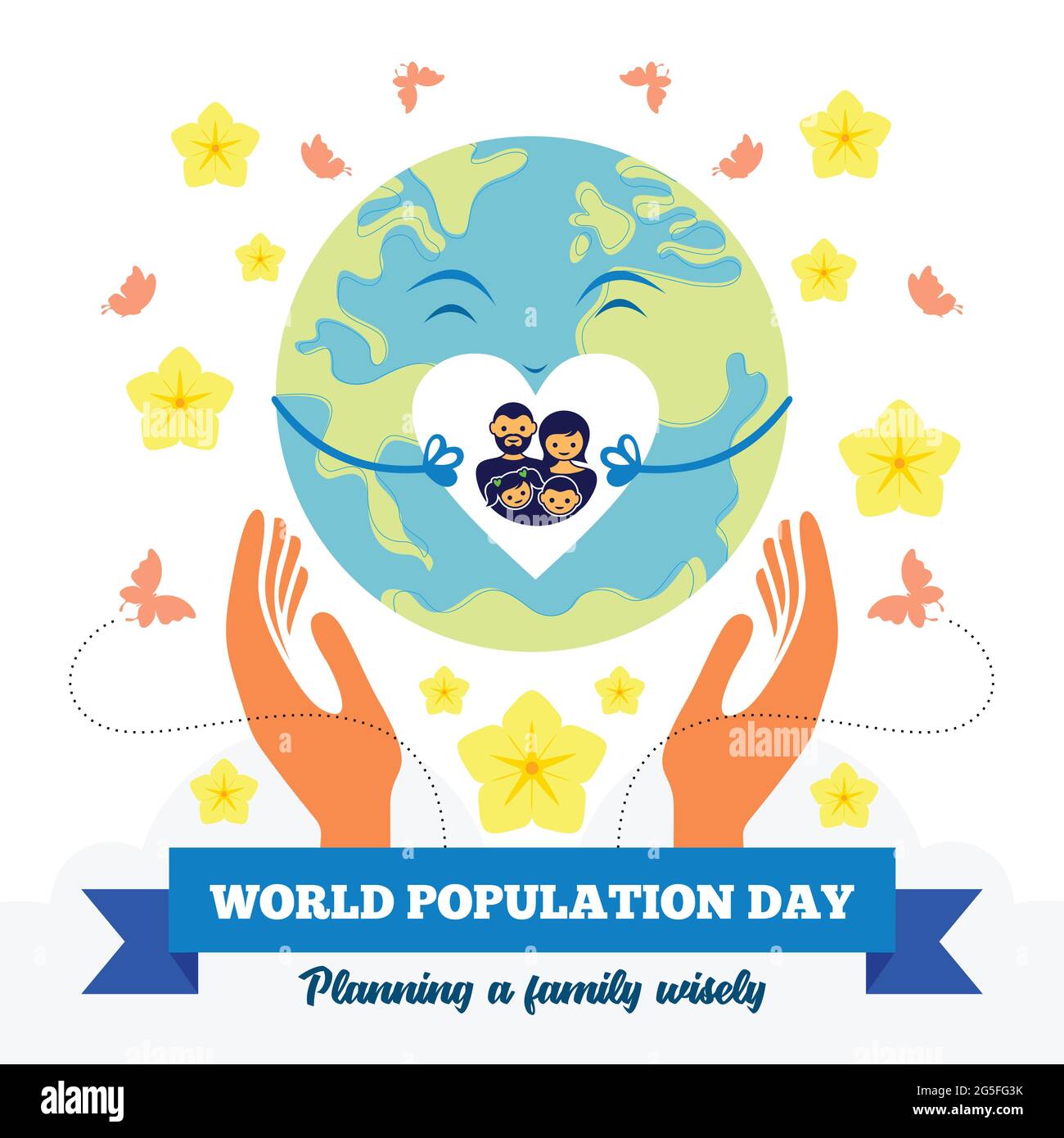 Illustration der Weltbevölkerung Tag auf der Erde, die von Händen gehalten wird und die Botschaft der Familienplanung mit vier Personen Familie. Stock Vektor