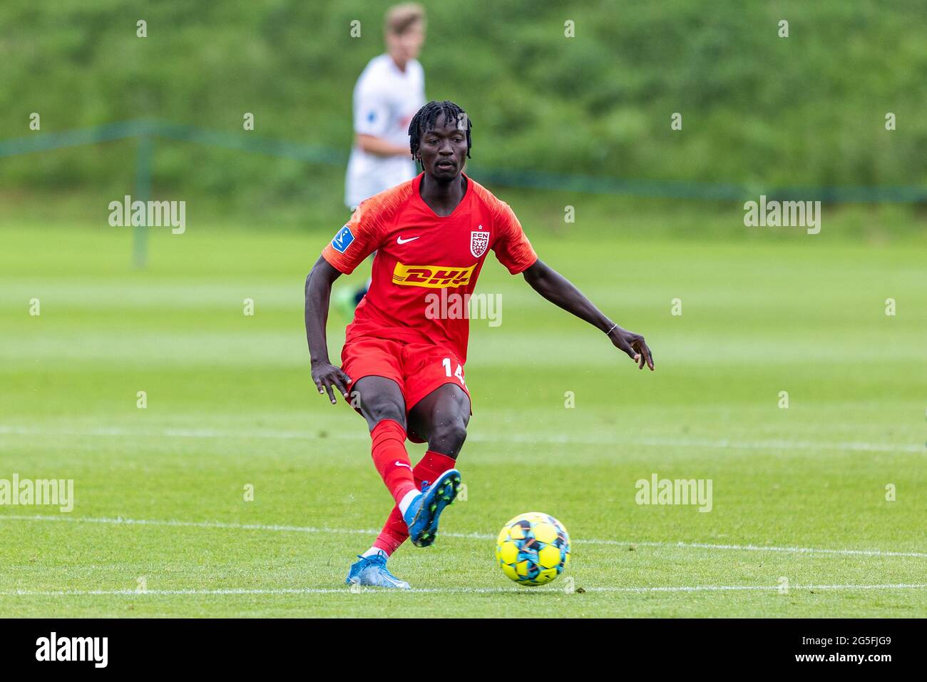 Aarhus, Dänemark. Juni 2021. Mohammed DIomando (14) vom FC Nordsjaelland beim Testspiel zwischen Aarhus GF und FC Nordsjaelland auf dem Trainingsgelände von Aarhus GF in Aarhus, Dänemark. (Foto: Gonzales Photo/Alamy Live News Stockfoto