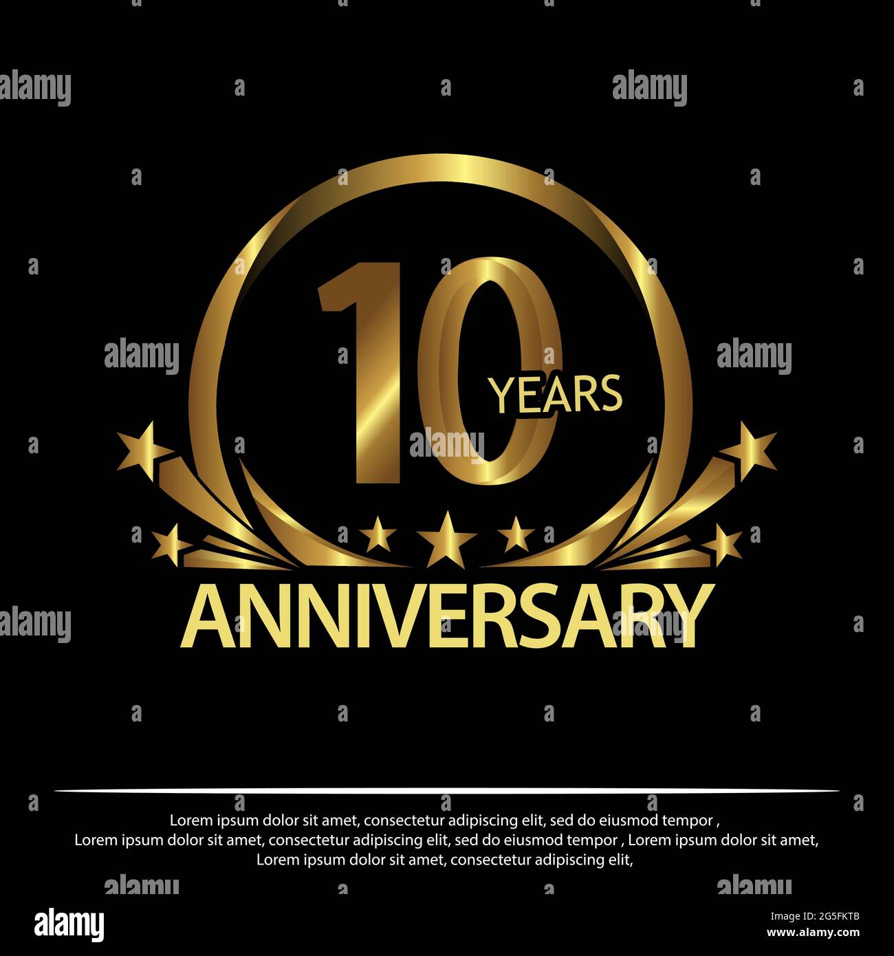 Zehn Jahre Jubiläum golden. Jahrestag Vorlage Design für Web, Spiel, Kreatives Poster, Broschüre, Broschüre, Flyer, Magazin, Einladungskarte - Stock Vektor