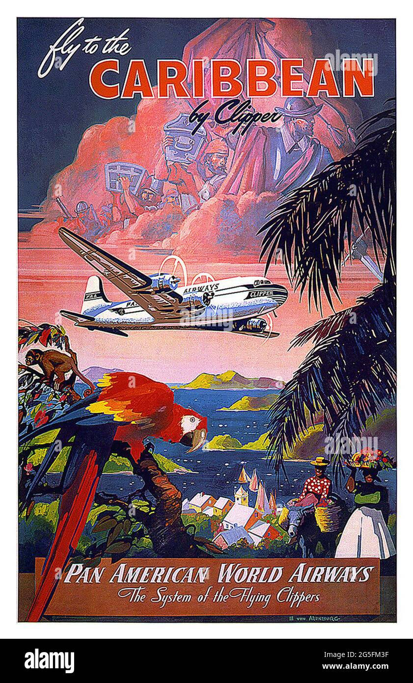 Ein Vintage-Reiseplakat für einen Besuch in der Karibik von Pan am Stockfoto
