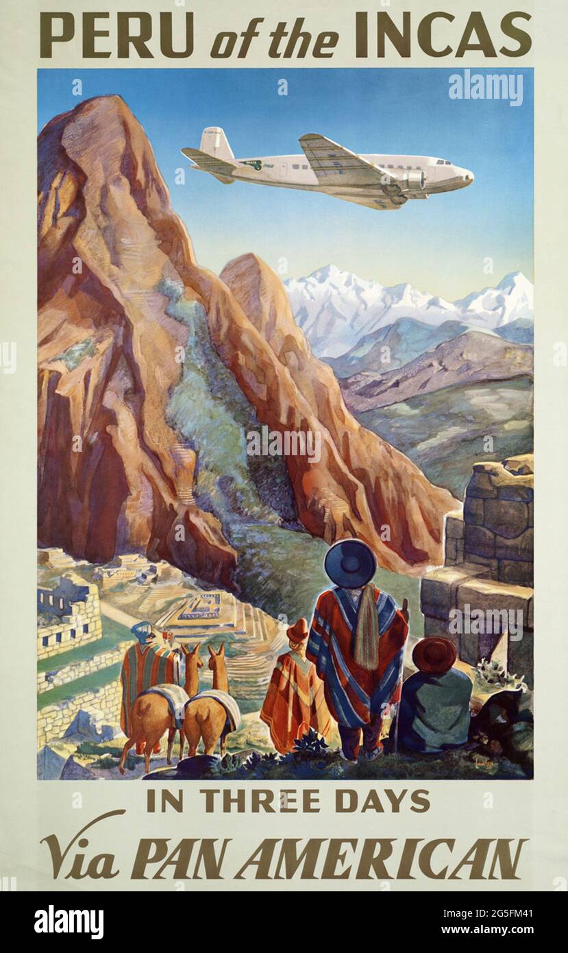 Ein Vintage-Reiseposter für Peru mit Pan am Stockfoto