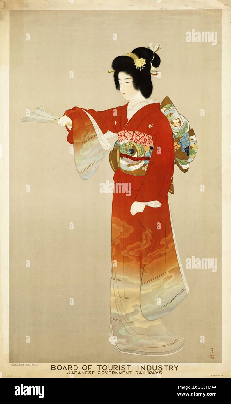 Ein Vintage-Reisesoster für Japan, das ein Mädchen in einem Kimono und traditionellem Kleid zeigt Stockfoto