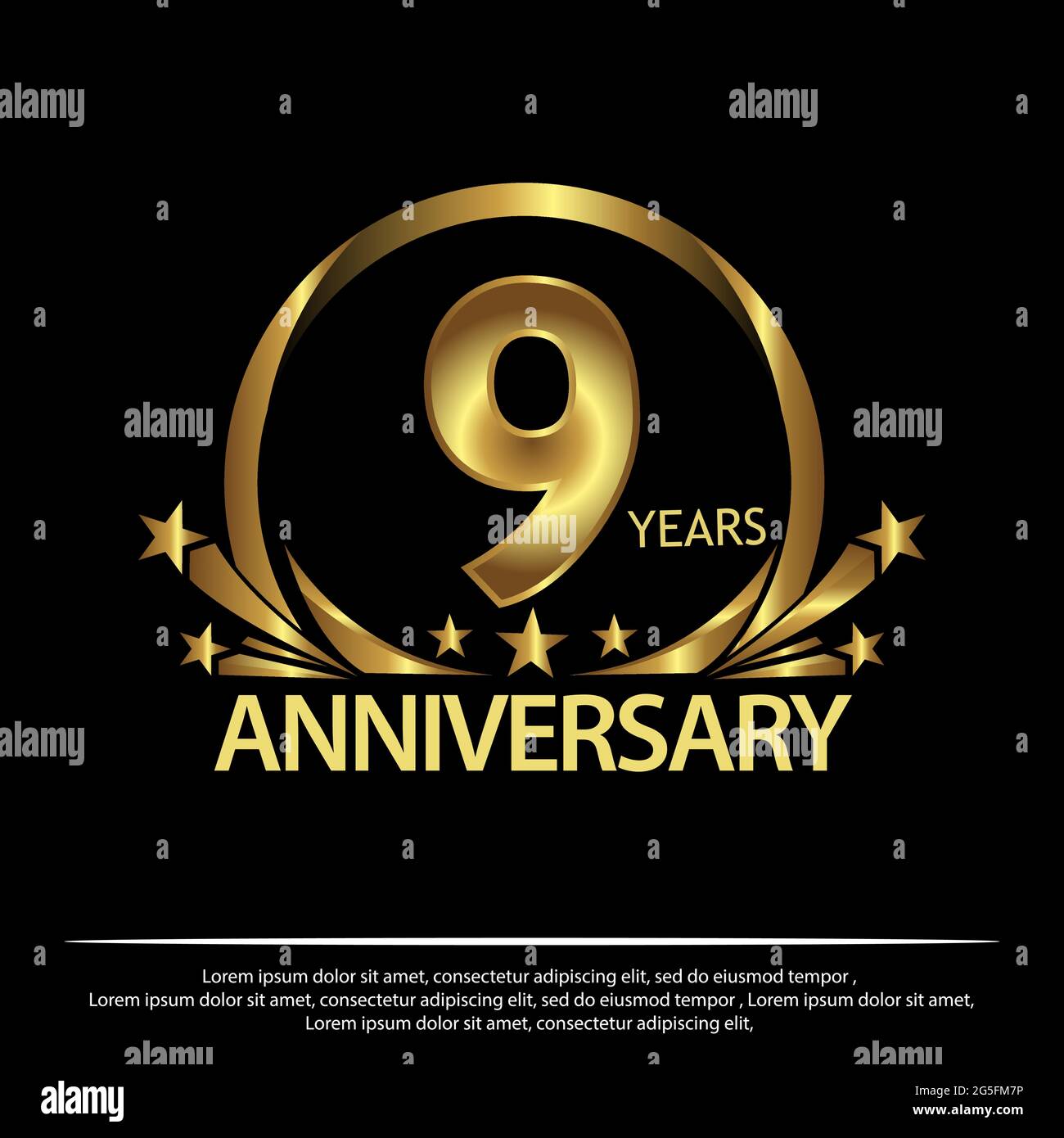 Neun Jahre Jubiläum golden. Jahrestag Vorlage Design für Web, Spiel, Kreatives Poster, Broschüre, Broschüre, Flyer, Magazin, Einladungskarte - Stock Vektor