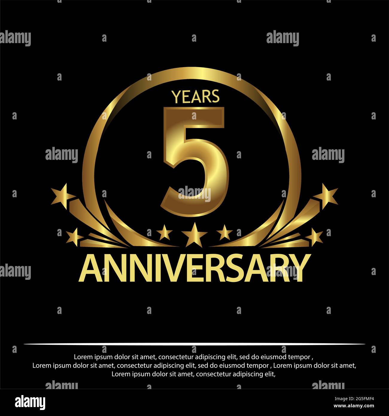 Fünf Jahre Jubiläum golden. Jahrestag Vorlage Design für Web, Spiel, Kreatives Poster, Broschüre, Broschüre, Flyer, Magazin, Einladungskarte - Stock Vektor