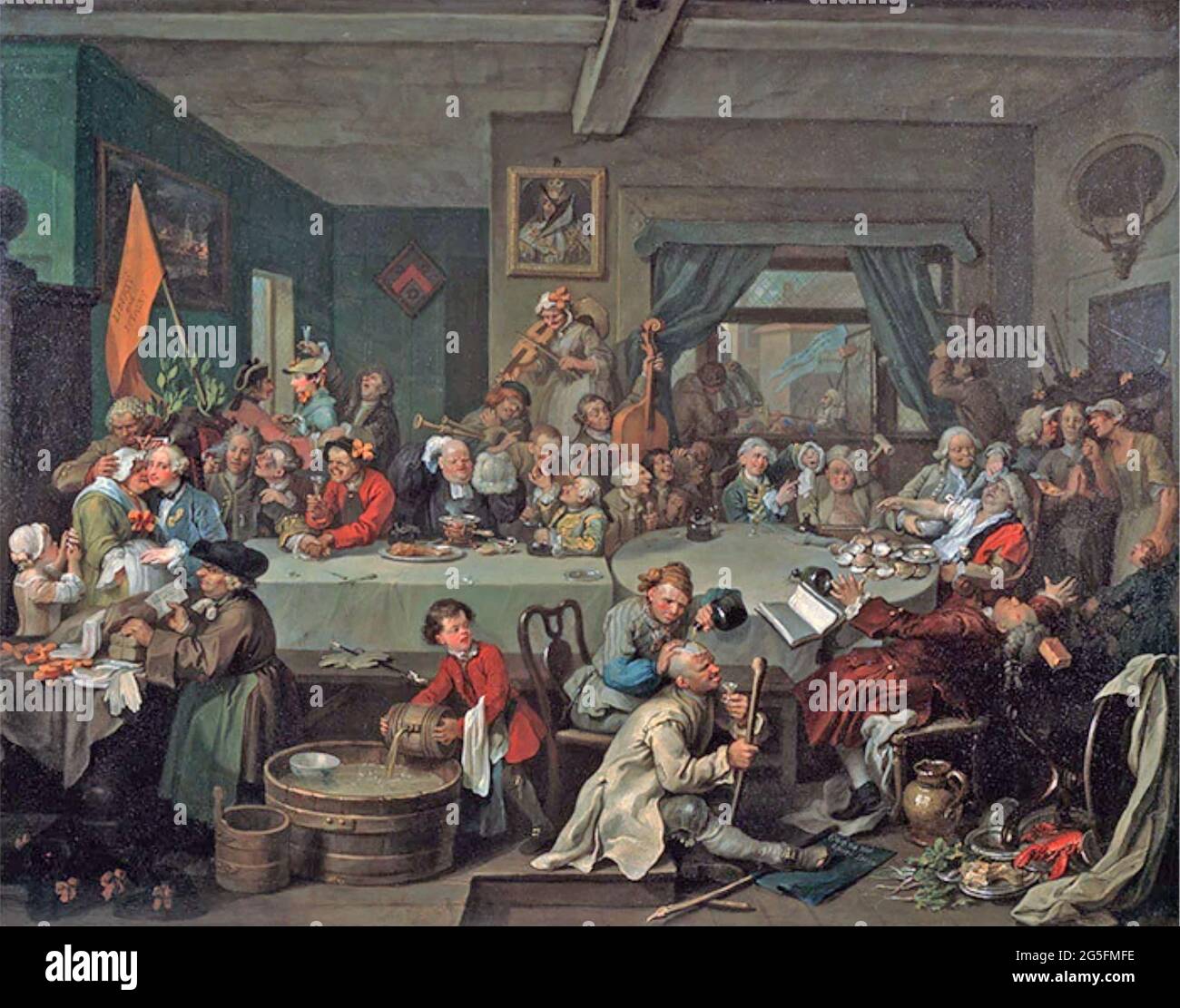 DIE HUMORS EINER WAHL eines von vier Gemälden von William Hogarth, die die Wahl eines Abgeordneten in Oxfordshire im Jahr 1754 zeigen. Dies ist das erste der Serie und trägt den Titel an Election Entertainment. Stockfoto