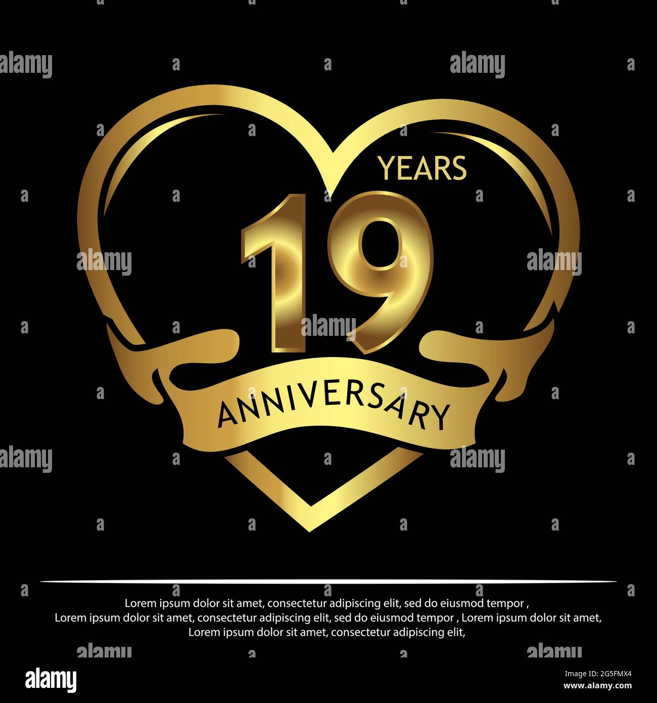 19 Jahre Jubiläum golden. Jahrestag Vorlage Design für Web, Spiel, Kreatives Poster, Broschüre, Flyer, Flyer, Magazin, Einladungskarte - Vektor Stock Vektor