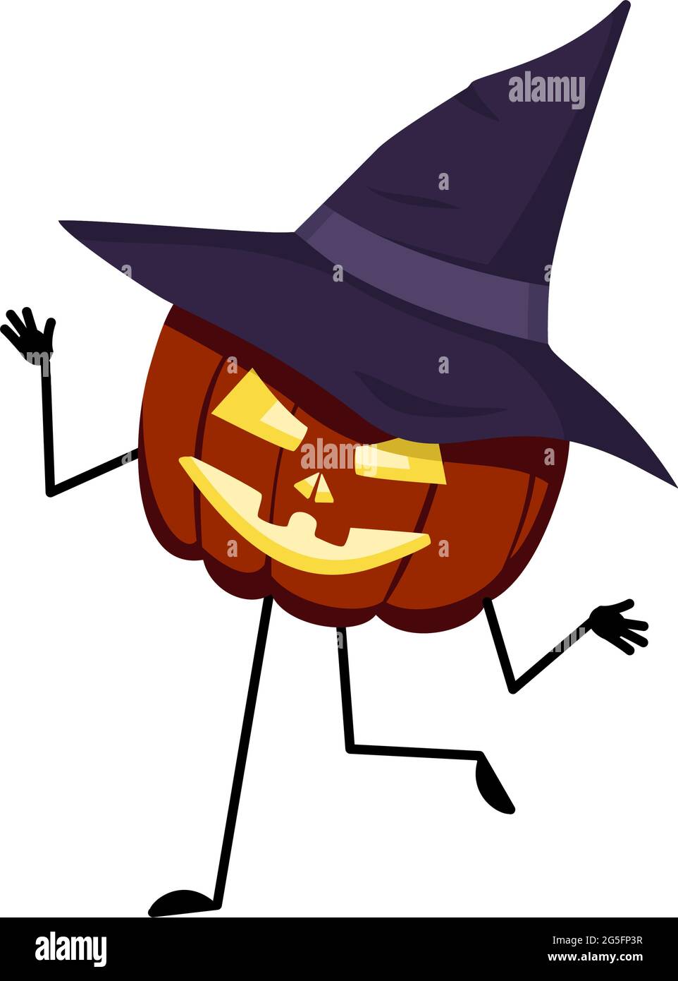 Niedlicher Kürbis-Charakter in spitzem Hut mit tanzenden Emotionen,  lächelnd Gesicht, Arme und Beine Stock-Vektorgrafik - Alamy