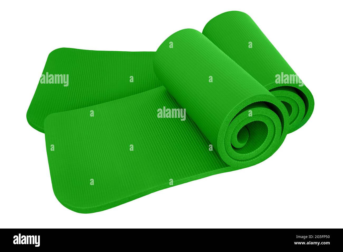 Zwei grüne Yoga- und Fitness-Matten vor weißem Hintergrund isoliert Stockfoto