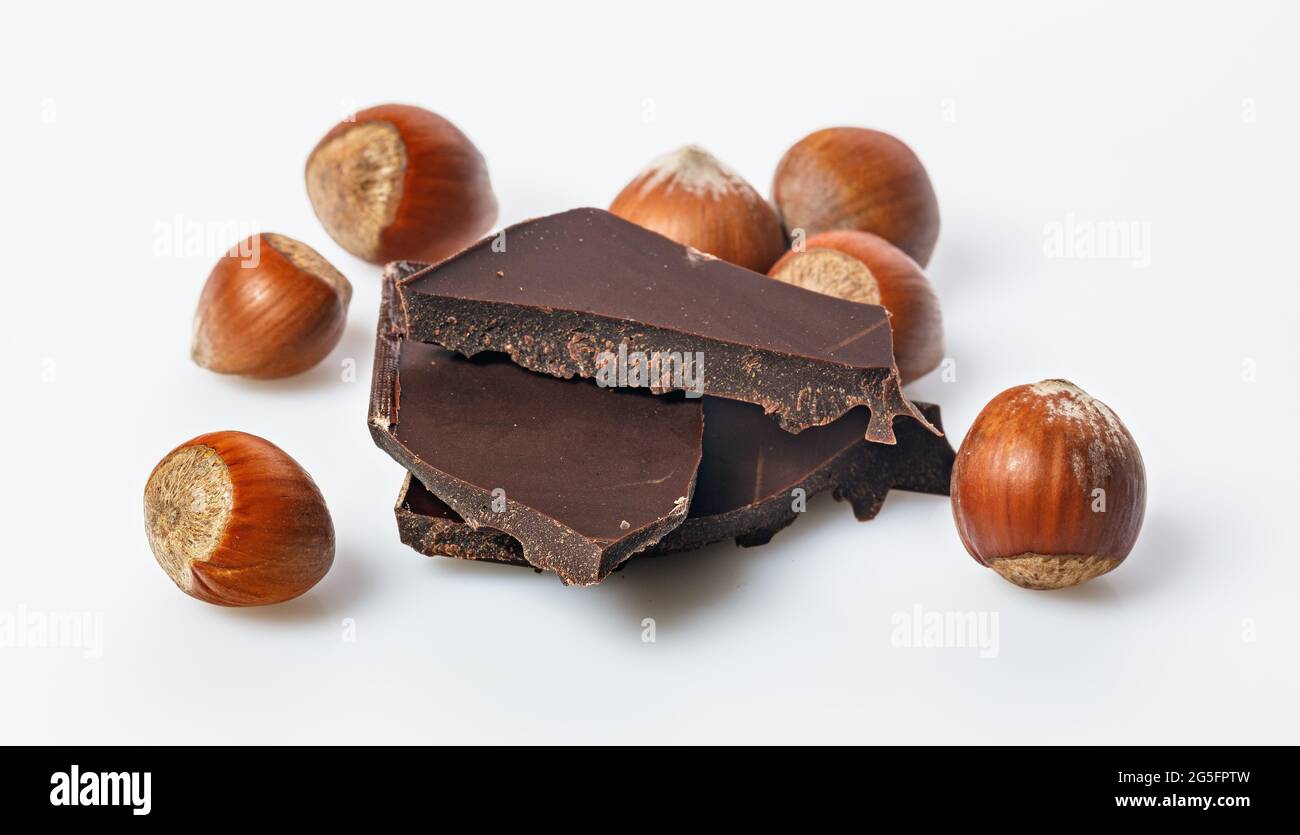 Reife wilde Haselnüsse und bittere Schokolade. Nüsse und und Stapel von einer dunklen Schokolade auf einem weißen Hintergrund. Natürliche Bio-Produkte. Speicherplatz kopieren. Lebensmittelverbot Stockfoto