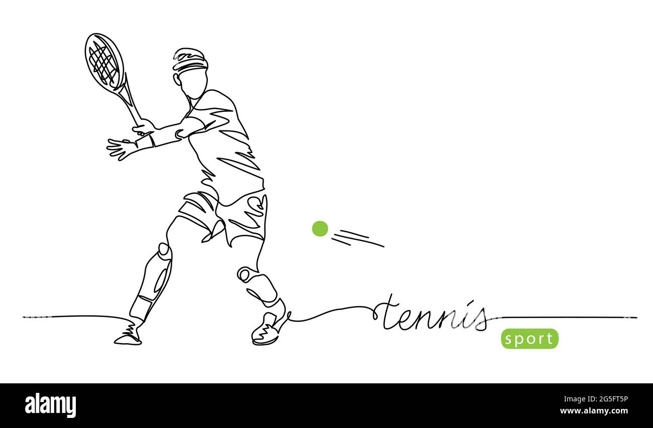 Tennisspieler einfacher Vektorhintergrund, Banner, Poster mit Mann, Schläger und Ball. Eine Linie Zeichnung Kunst Illustration des männlichen Tennisspielers Stock Vektor