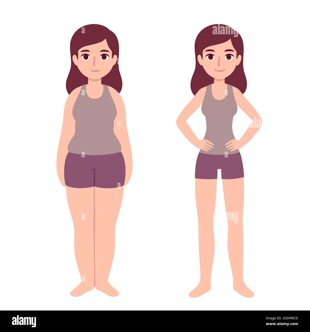 Nette Cartoon-Frau in Fitness-Kleidung mit zwei Körpertypen: Übergewicht und schlank. Gewichtsverlust vor und nach. Einfache moderne Vektorgrafik. Stock Vektor