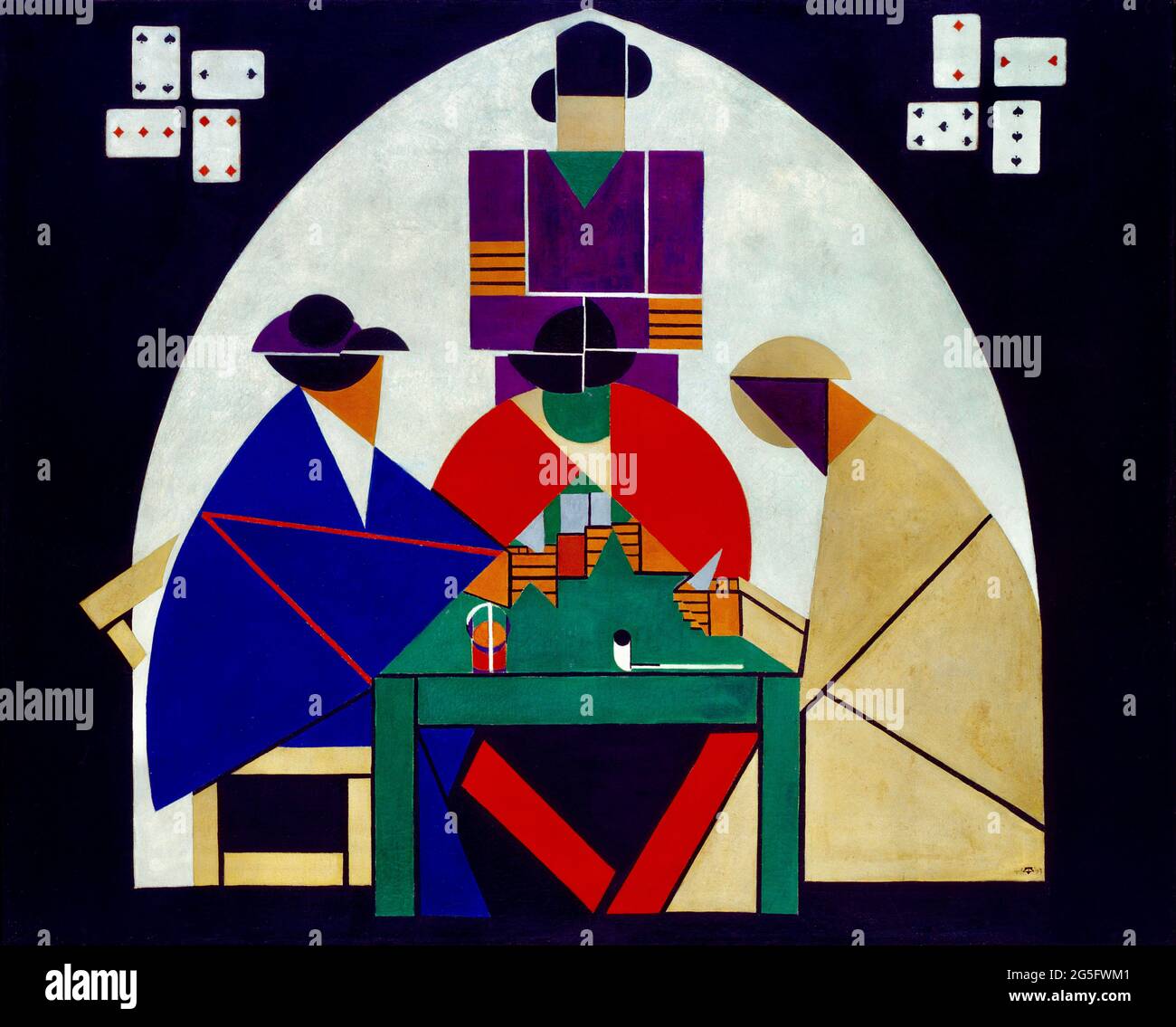 Theo van Doesburg Kunstwerk mit dem Titel Kartenspieler. Drei Figuren sitzen und stehen um einen Kartentisch für ein Kartenspiel. Stockfoto