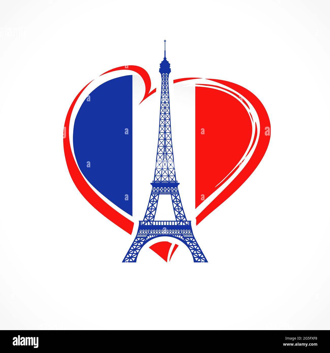 Liebe Frankreich, Flaggenemblem mit Eiffelturm. Feiern Sie den Bastille Day, ein Banner für den französischen Feiertag mit dem Effel-Turm und dem Herzsymbol in Flaggenfarben. Vektor Stock Vektor