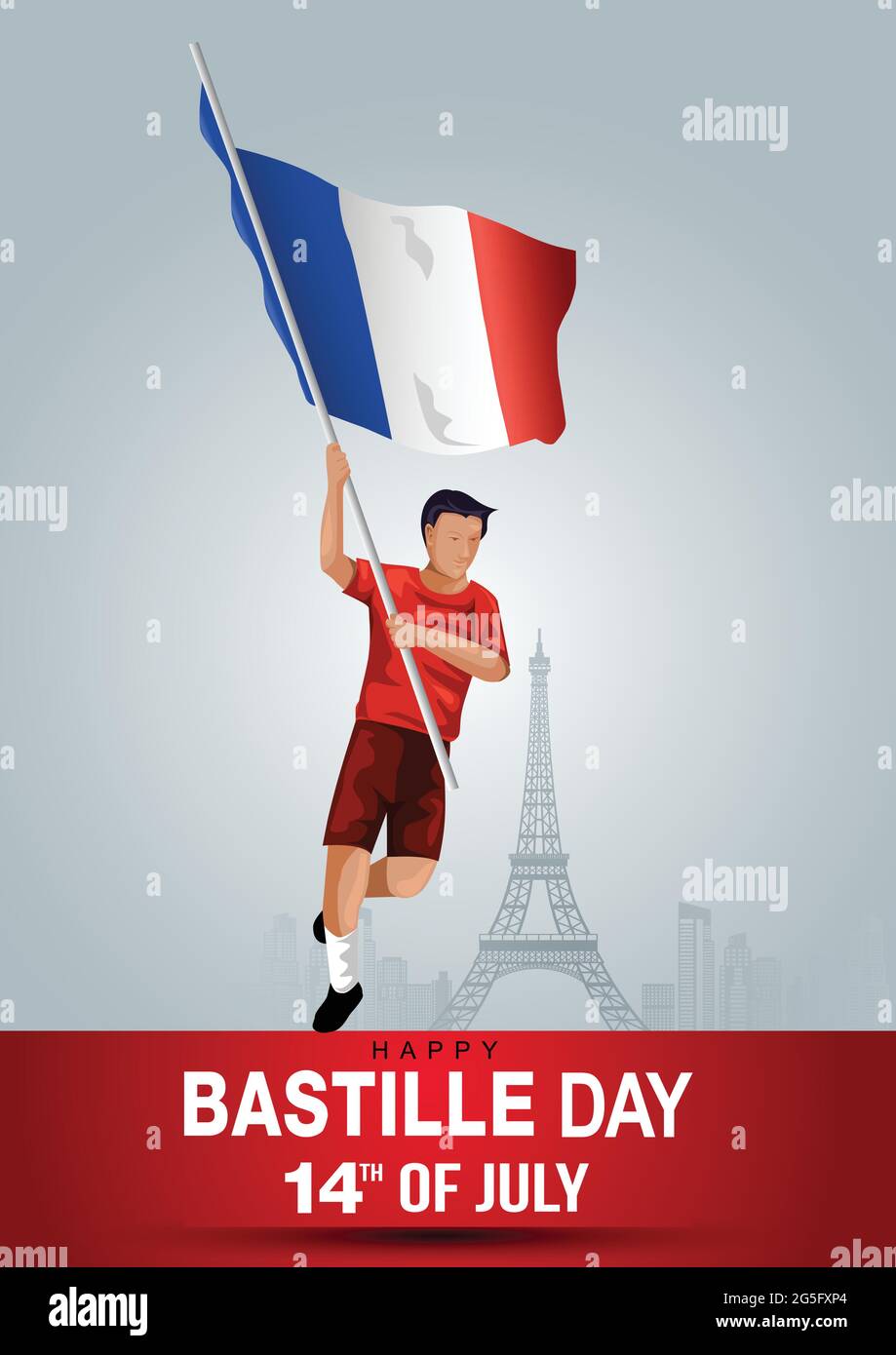 Frankreich. 14. Juli. Happy Bastille Day. Mann läuft mit Flagge. vektor-Illustration Design Stock Vektor