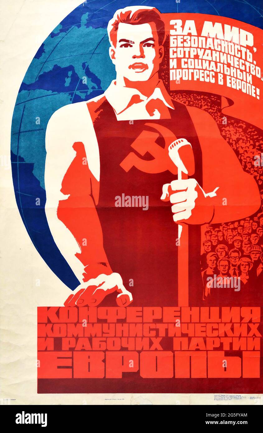 Altes sowjetisches Plakat – Friedenskonferenz Europa – Kommunistische Partei der UdSSR und Arbeiterpartei Stockfoto