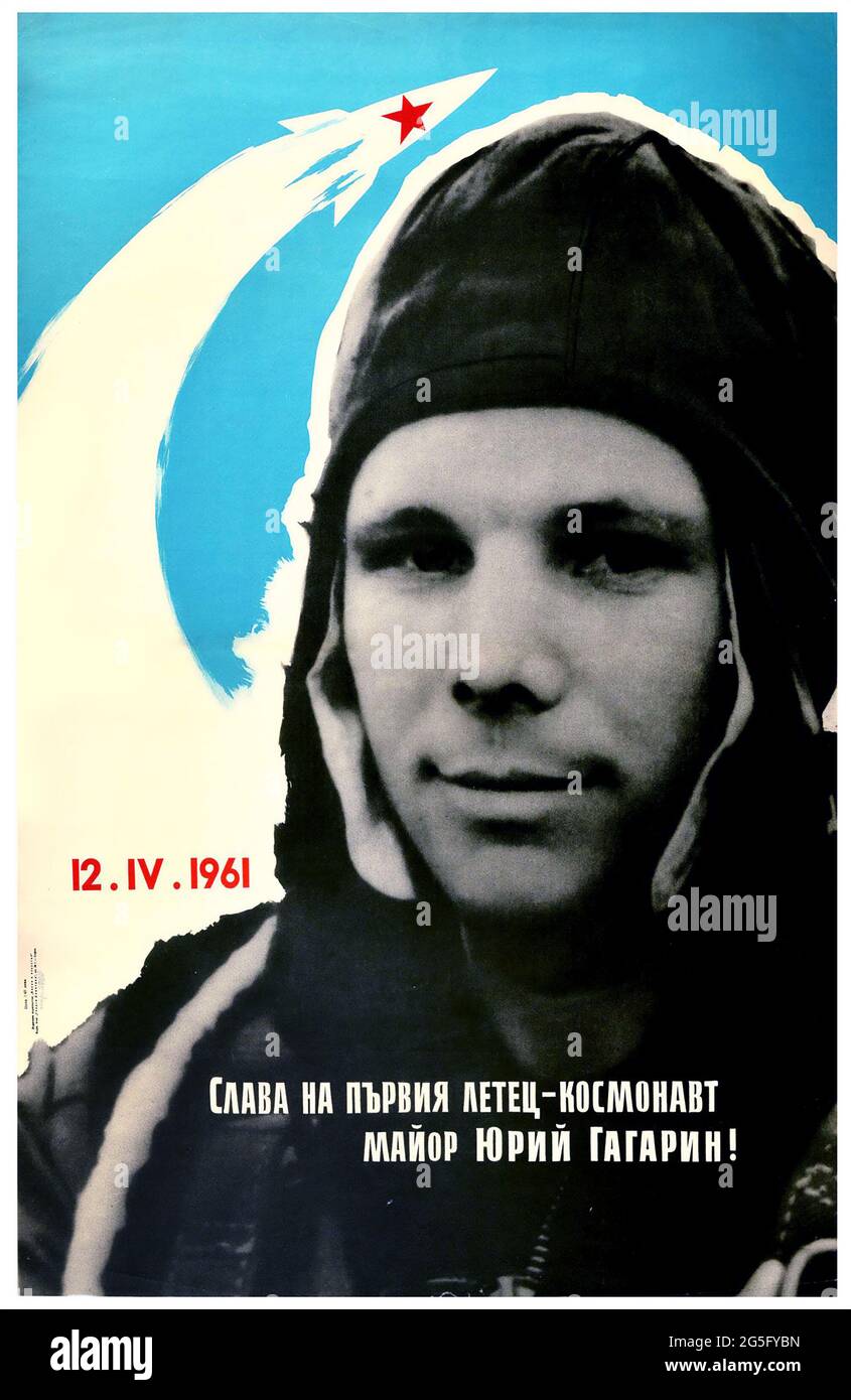 Vintage Poster Ruhm für den ersten Kosmonauten-Piloten-Major Juri Gagarin 1961 - Propagandaplakat Stockfoto
