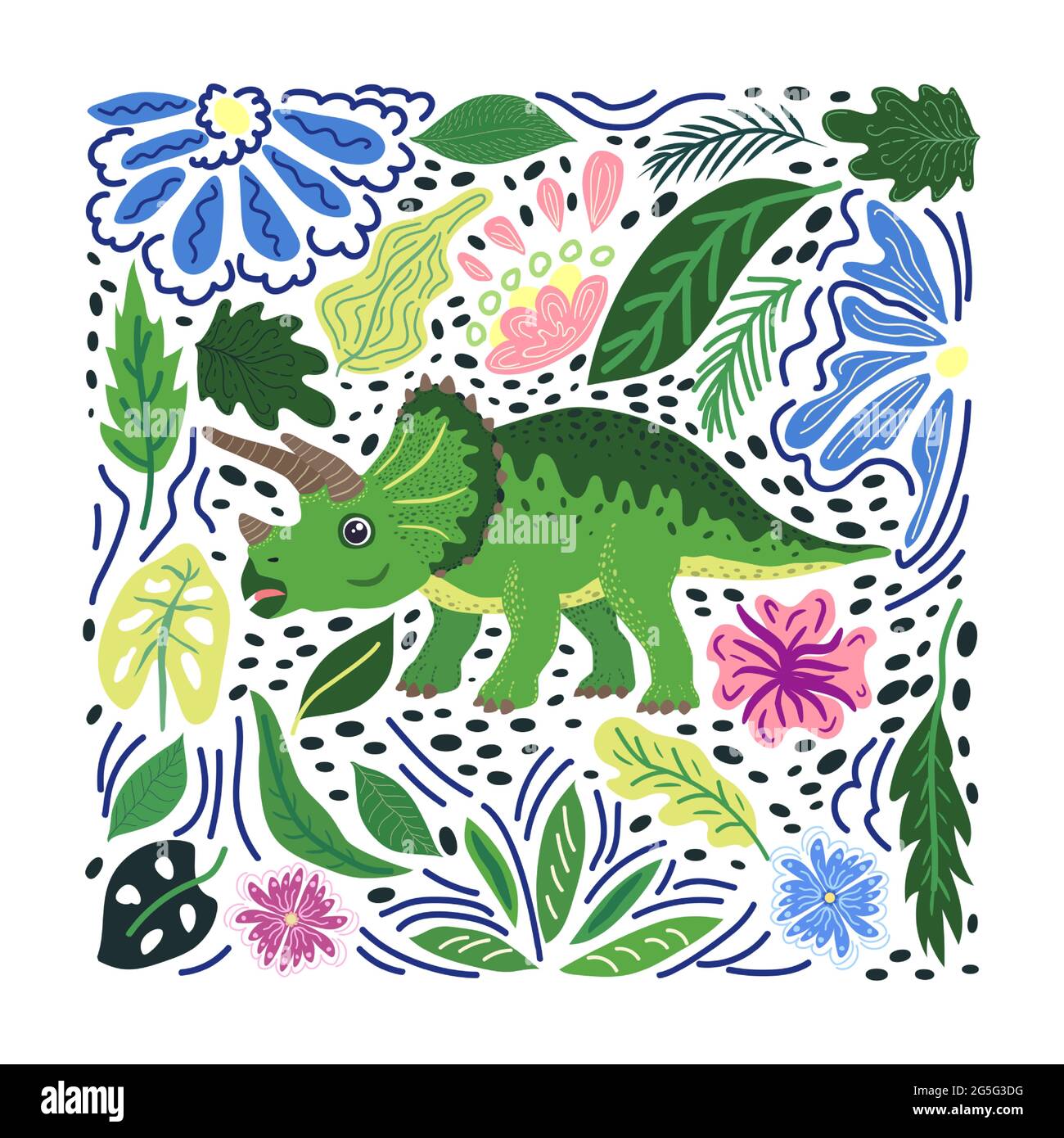 Triceratops grüne, prähistorische Dinosaurier-Kollektion. Uralte Tiere. Von Hand gezeichnet. In einem Rahmen aus Blumen und Blättern. Stock Vektor