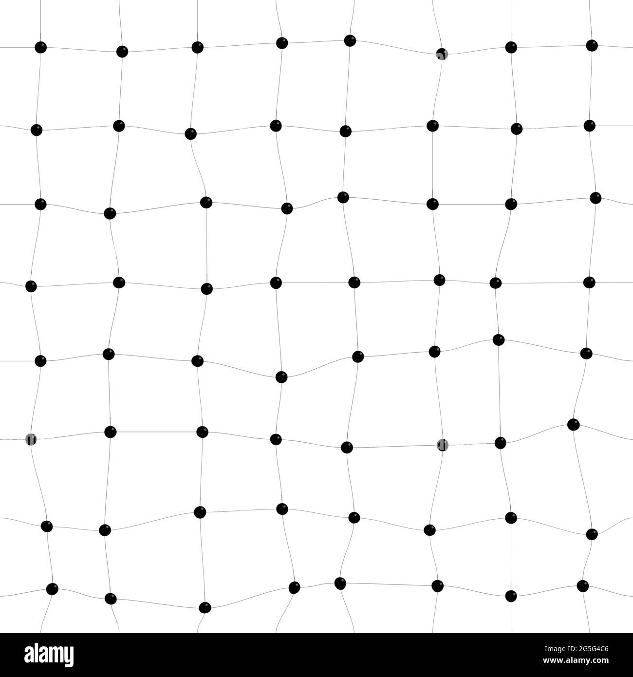 Quadratisches, verdrehtes Muster oder Raster aus schwarzen Punkten und Linien auf Weiß. Abstrakte Verbindung, Chemie, Daten und Molekülhintergrund, nahtloses Muster. Stockfoto