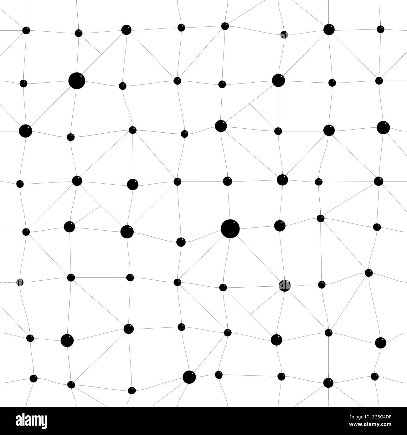 Quadratisches, verdrehtes Muster oder Raster aus schwarzen Punkten und Linien auf weißem Hintergrund. Abstrakte Verbindung, Chemie, Daten- und Molekülhintergrund, nahtloses Muster. Stockfoto