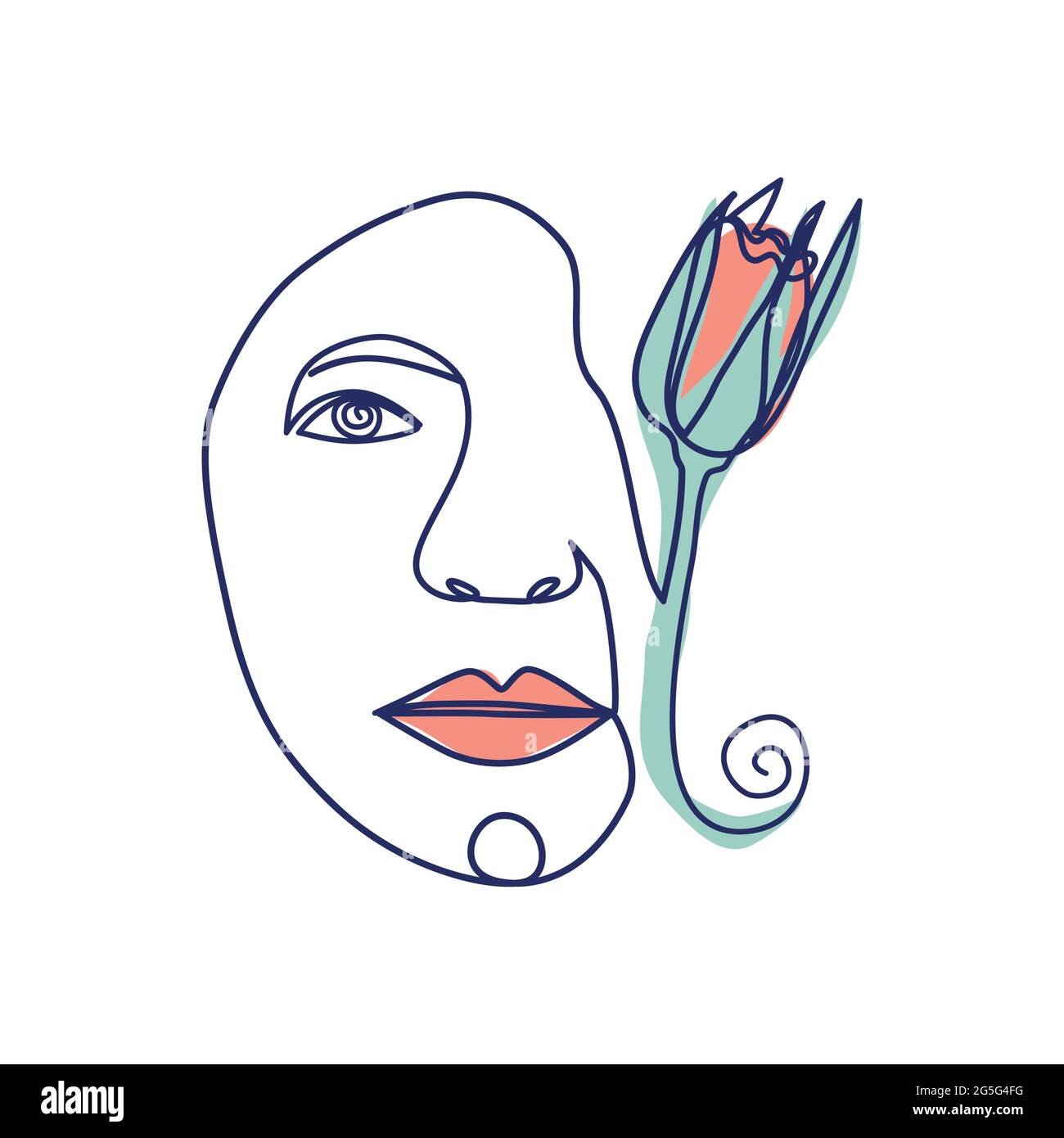 Schönheit Gesicht mit Blumen Linie Zeichnung Kunst. Abstrakt minimal Porträt kontinuierliche Linie. Frau mit Blume Stock Vektor