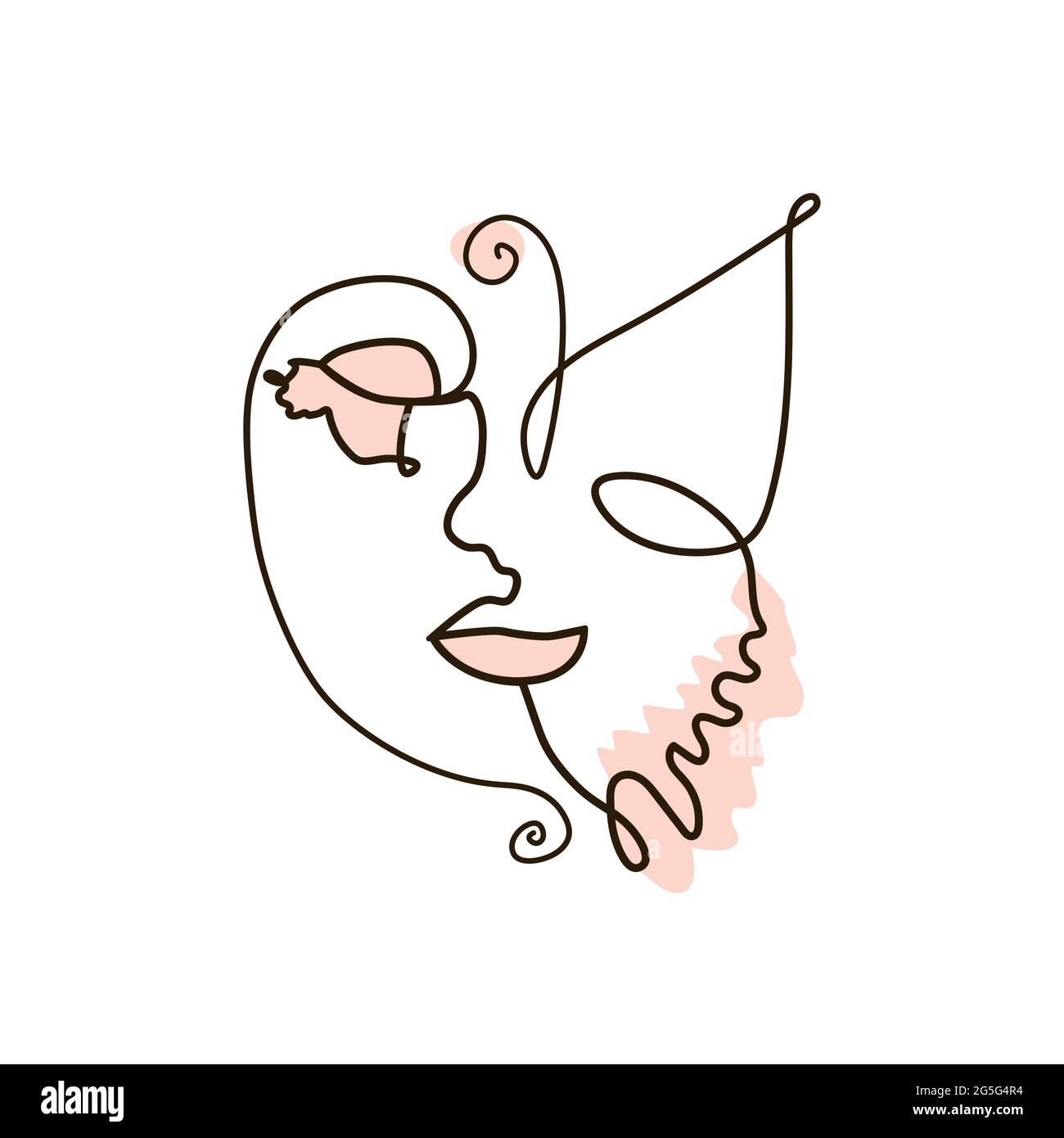 Frauen Gesicht mit Schmetterling eine Linie Zeichnung. Abstrakte, minimale, durchgehende Linie im Hochformat. Stock Vektor
