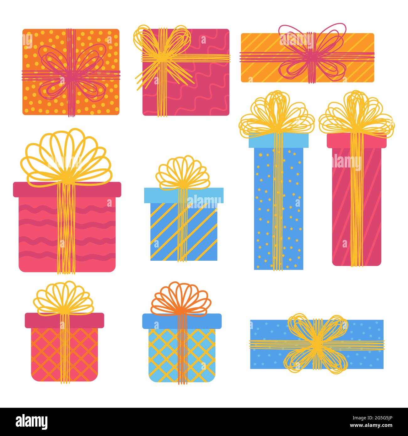 Geschenkschachteln, Geschenke Icon-Set. Handgezeichnete Doodle-Kollektion. Verkaufskonzept. Geburtstagsfeier Weihnachten. Zeichentrickelemente, flaches Design illustrati Stock Vektor